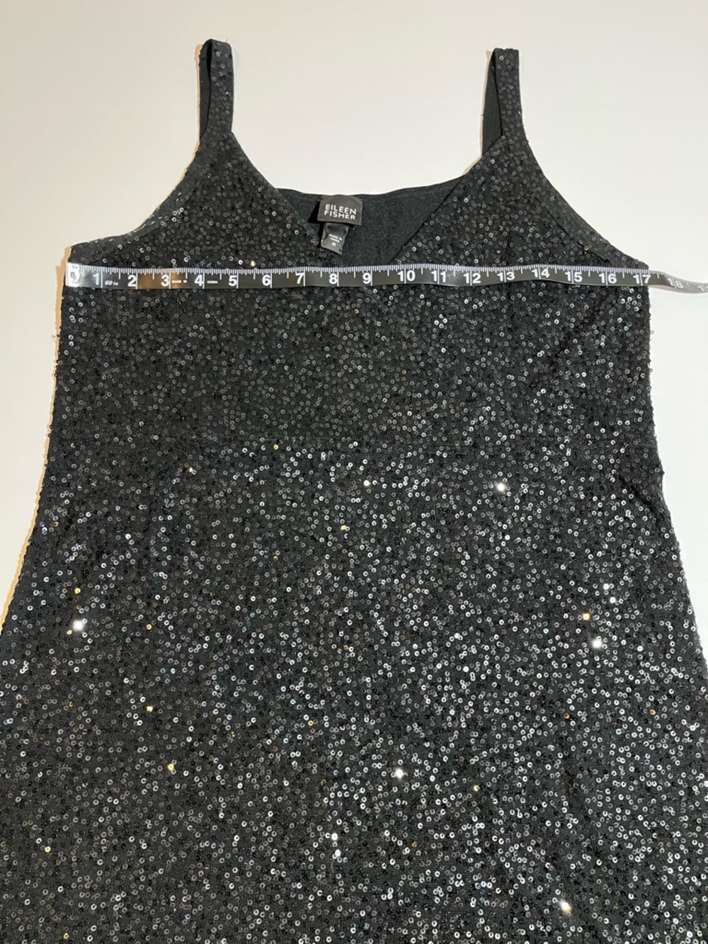 Eileen Fisher Black Sequin Silk Blend Sleeveless Shift Short Dress V Neck Medium - Picture 9 of 10